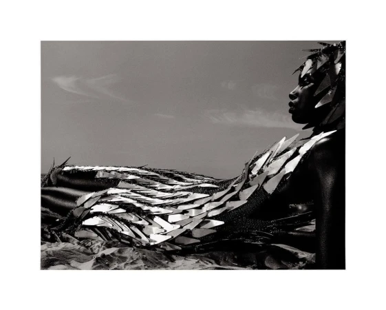 Black and white portrait of a model wearing a reflective metallic shard headpiece and sculptural sequined dress outdoors against a sky.