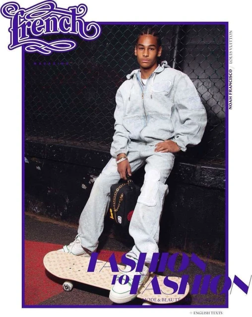 Fashion editorial featuring a young man in a light denim suit posing with a skateboard in an urban setting for 'French' magazine.