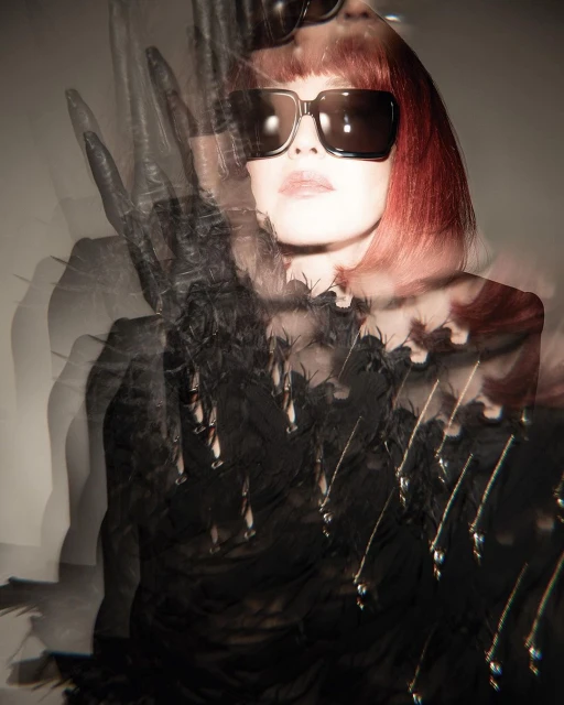 Portrait of a red-haired woman with sunglasses and a black, feathered top with water droplets. The scene is a light-toned indoor studio.