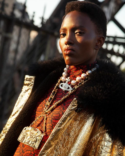 Fashion portrait of a Black woman in a gold jacket with pearl necklace and gold chains looking directly at the camera.