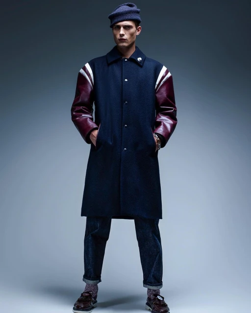 Full-length shot of a male model in a navy coat with leather sleeves, dark jeans, and a knit hat, posing against a grey background.