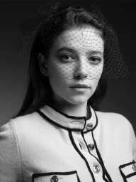 Monochrome portrait of a woman wearing a netted veil and a collared jacket with contrasting trim
