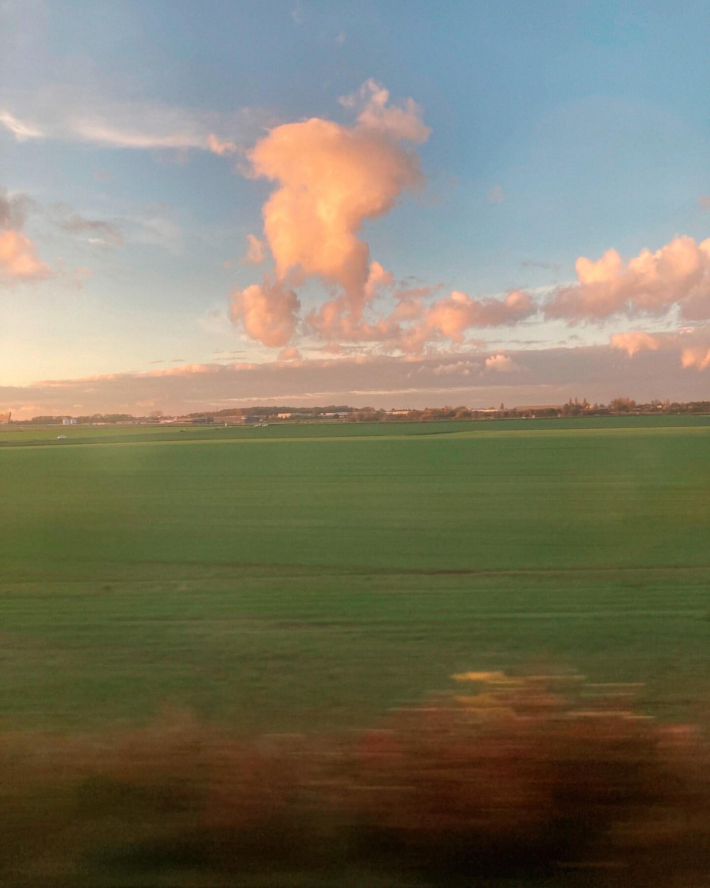 Green field landscape with a vibrant blue and orange sky filled with clouds at sunset, creating a picturesque nature scene.