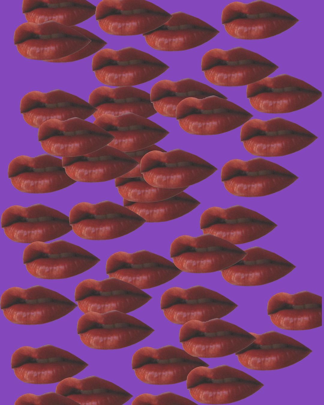 Abstract collage on purple background featuring a repeating pattern of open human mouths with red lipstick, creating a bold and surreal effect.