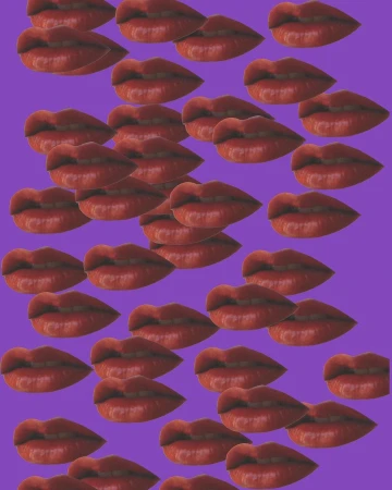Abstract collage on purple background featuring a repeating pattern of open human mouths with red lipstick, creating a bold and surreal effect.