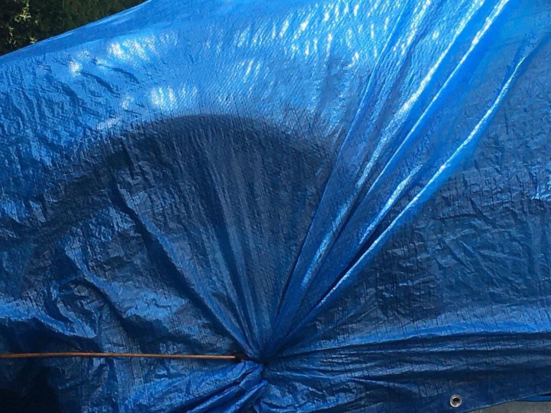 Wrinkled blue tarp partially covers a rounded object outside, with some vegetation faintly visible in the blurred background.
