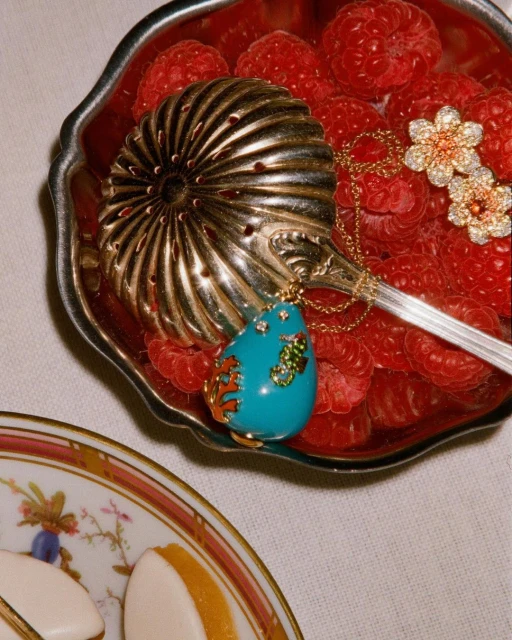 Overhead shot of raspberries in a silver bowl with a gold and turquoise pendant necklace, pair of gold earrings, and macarons.