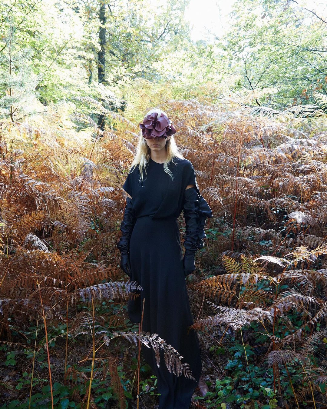 A slender woman in a long black dress and ornate hat stands in a dense forest. Dried bracken surrounds her in autumnal light.