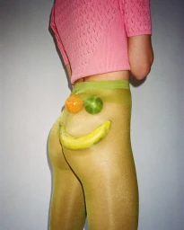 Model wearing a pink textured short-sleeve top and translucent green tights holding fruit beneath them against a grey wall