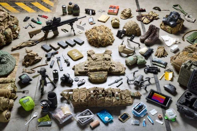 Full tactical loadout displayed on the floor. Includes rifle, body armor, drone, camera, communications, medical kit, and personal items.