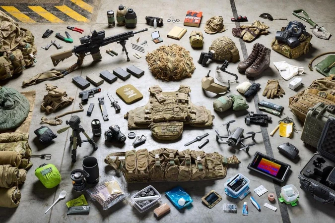 Overhead studio shot of tactical military gear, including a rifle, vest, drone, helmet, and food supplies, arranged on a gray surface.