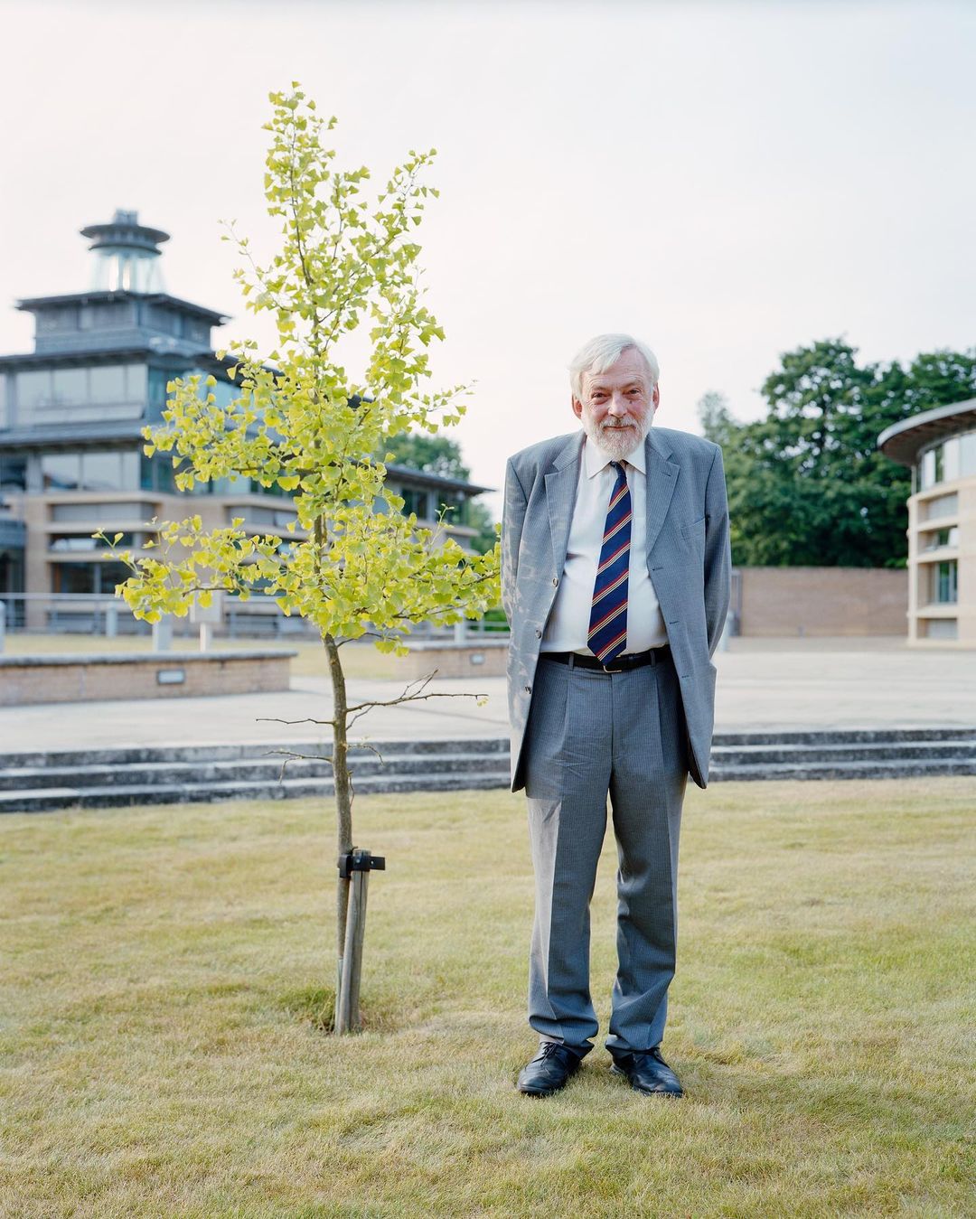 Full-length portrait of an adult man in a gray suit and tie standing on a lawn with a tree, with buildings in the background.