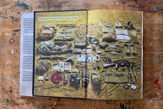 Open book displays military kit from the World War II era including packs, uniforms, rifle, boots, helmet, and other supplies.