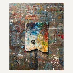 A weathered artist palette featuring dried colorful paint splatters, positioned centrally against a textured wooden work surface.