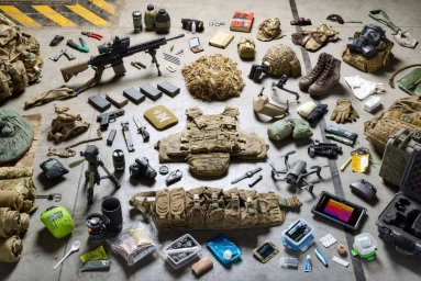 Knolling flat lay of military tactical gear, weapons, body armor, and field equipment arranged on a concrete floor.
