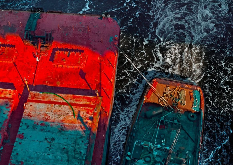 Aerial view of two ships on the water, one painted in vibrant red, and the other in contrasting blue-green hues, navigating dark, churning waves.