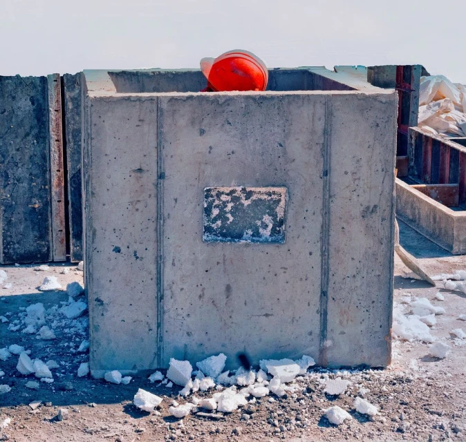 Concrete construction block sits outdoors with a red hard hat on top, suggesting ongoing infrastructure or building work.