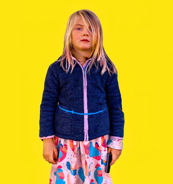A young child with blonde hair stands indoors against a bright yellow background, wearing a navy jacket and a colorful skirt.
