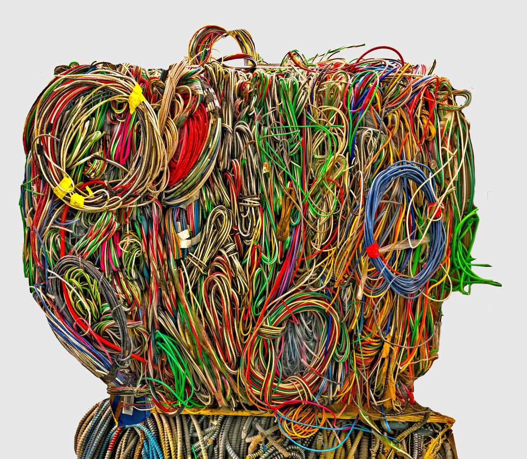 A jumbled pile of multicolored wires and cables dominates the frame, showcasing a dense, chaotic network against a neutral background.