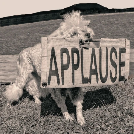 A white poodle stands in the grass, holding a sign that reads 'APPLAUSE' in its mouth, set against a monochromatic outdoor backdrop.