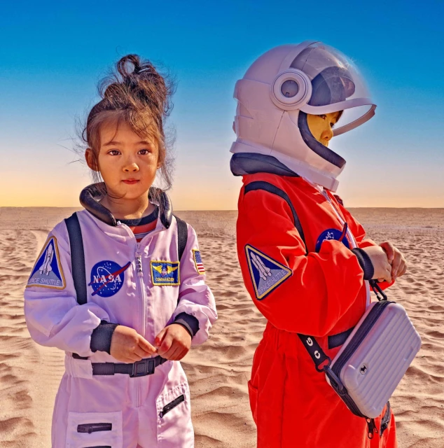 Two children in astronaut costumes stand on a sandy surface under a clear blue sky, one wearing a helmet and the other with hair in a bun.