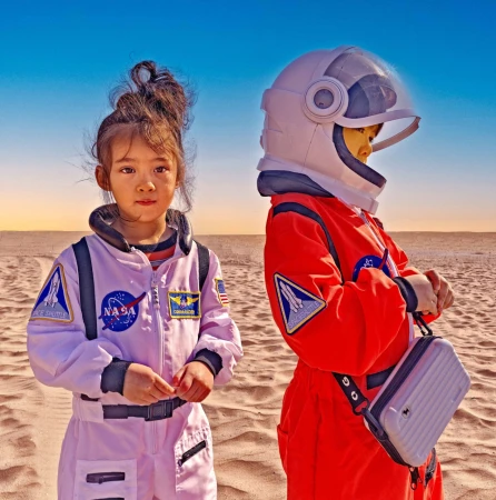 Two children in astronaut costumes stand on a sandy surface under a clear blue sky, one wearing a helmet and the other with hair in a bun.