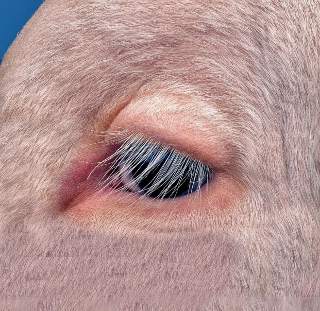 Close-up portrait of a horse's eye, showing its eyelashes, fur, and skin texture in a natural light setting with a blue sky background.