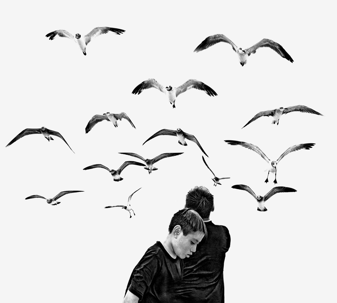 Black and white image of two children looking at a flock of flying seagulls against a bright sky in an outdoor setting.
