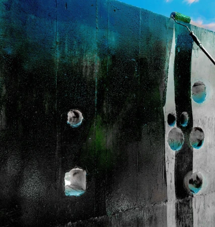 Roller applies paint to a concrete wall with square and round holes against a bright blue sky with sparse clouds, high contrast.