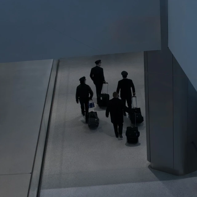 Four airline pilots in uniform walk with rolling luggage through an airport concourse in a low-lit, modern setting, viewed from above.