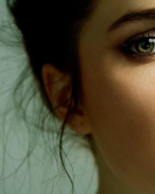 Close-up portrait of a woman with olive skin and green eyes, accented with brown eyeshadow, and styled hair against a neutral backdrop.