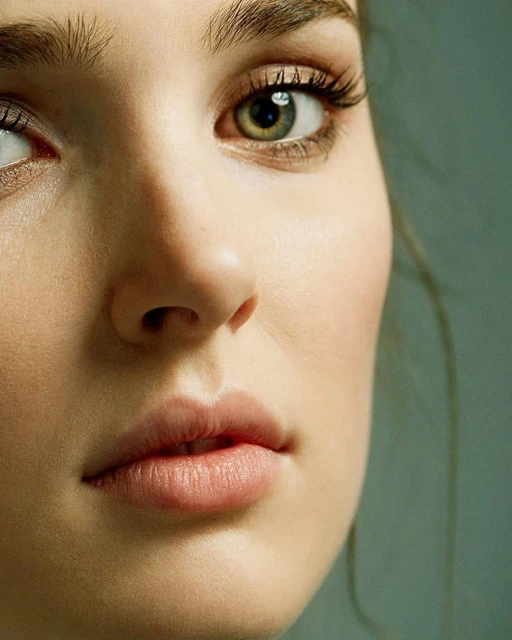 Close-up portrait of a fair-skinned woman with hazel eyes, focusing on her facial features against a muted teal background.