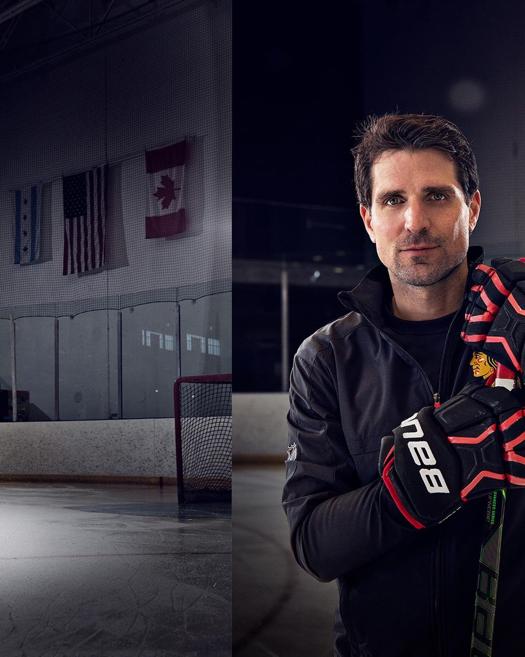 A half studio shot of a man on the right, with an ice rink in the background showing flags, the image is split vertically.