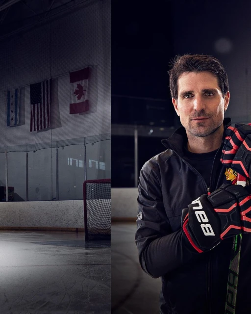 A half studio shot of a man on the right, with an ice rink in the background showing flags, the image is split vertically.