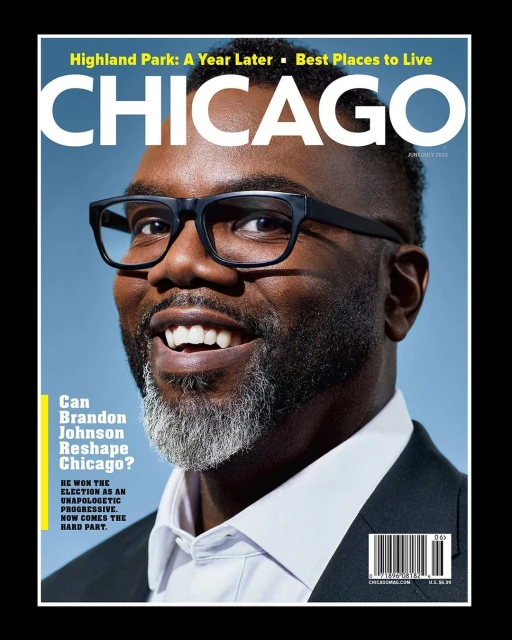 Chicago magazine cover featuring a smiling African-American man with glasses and gray beard, against a blue background.