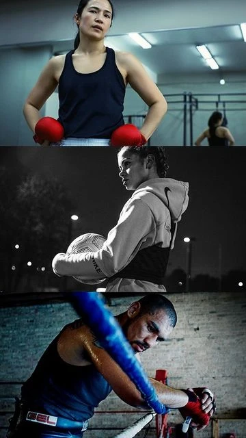 A triptych of athletic individuals featuring an Asian woman with boxing gloves, an African American woman with a soccer ball, and a man in a boxing ring.