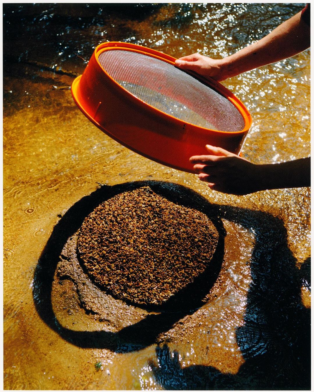 Person using a sifter to pan for gold in a river. Hands hold an orange sifter over a dark pile of possible gold flakes in river water.