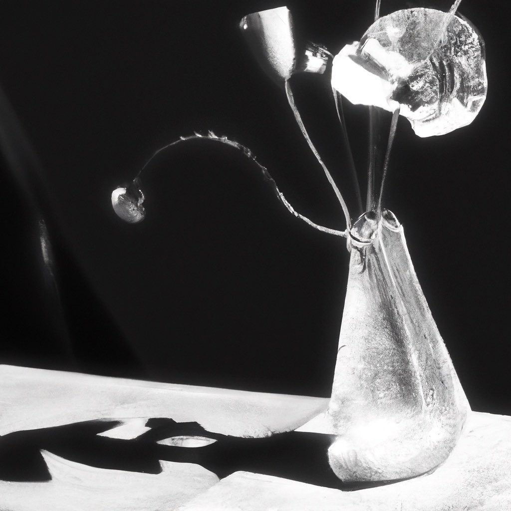Monochromatic still life of a glass vase holding abstract clear glass flowers, with stark shadows creating a high-contrast, artistic composition.