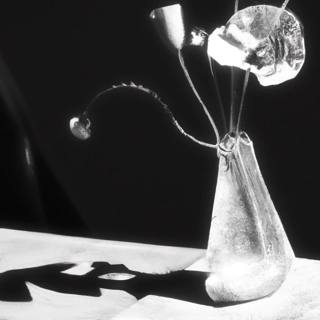 Monochromatic still life of a glass vase holding abstract clear glass flowers, with stark shadows creating a high-contrast, artistic composition.