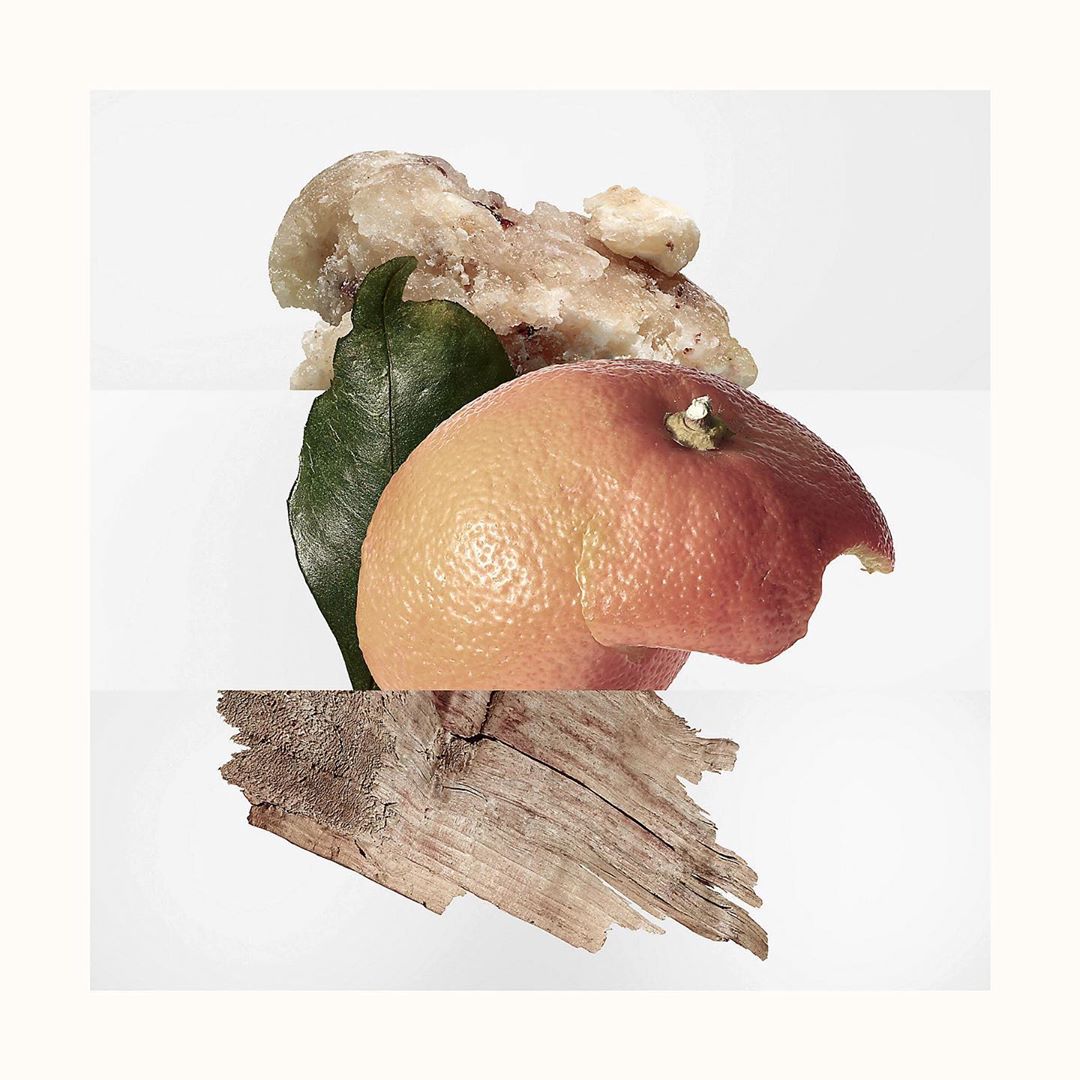 Still life featuring a grapefruit, leaf, rock, and weathered wood on a white background. The arrangement creates a clean, natural aesthetic.