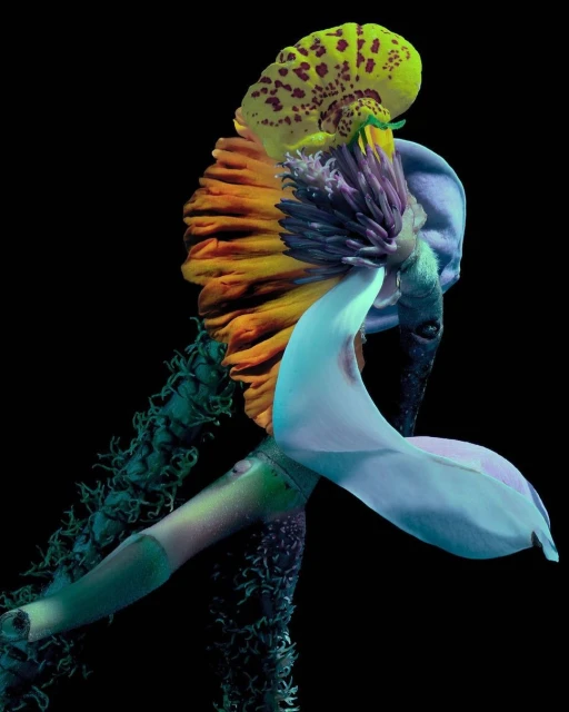 Botanical art featuring a colorful flower arrangement with a yellow orchid-like bloom and flowing purple and blue petals against black.