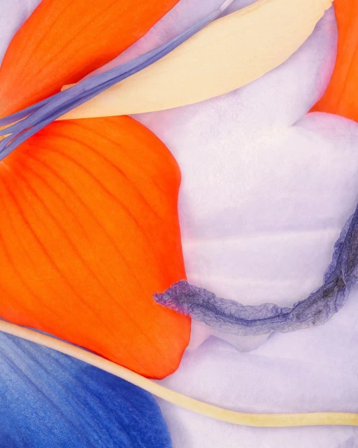 Close-up of orange and blue flower petals with white background, focusing on vivid colors and soft textures in an abstract floral composition.
