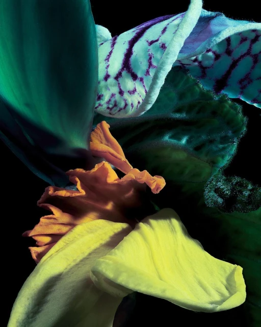 Macro photograph of an orchid flower, showing yellow, white, green, and orange petals with a dark background, highlighting the flower's texture.
