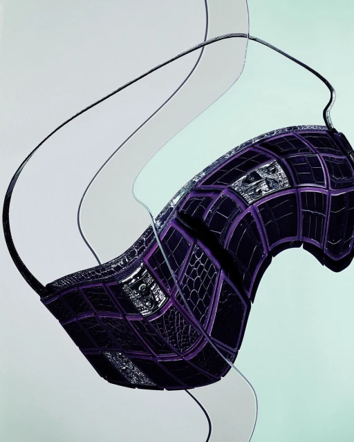 Abstract product shot: A purple purse with grid pattern floats amidst translucent plastic waves on a pale green backdrop.