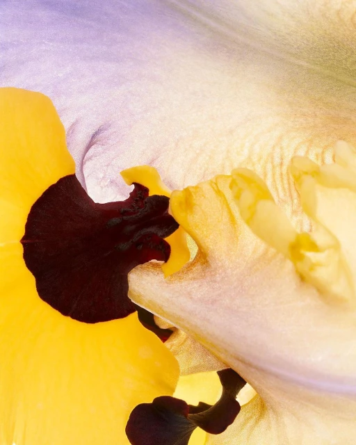 Macro photograph captures the intricate textures and vibrant colors of a pansy flower, showcasing the flower's delicate petal details.
