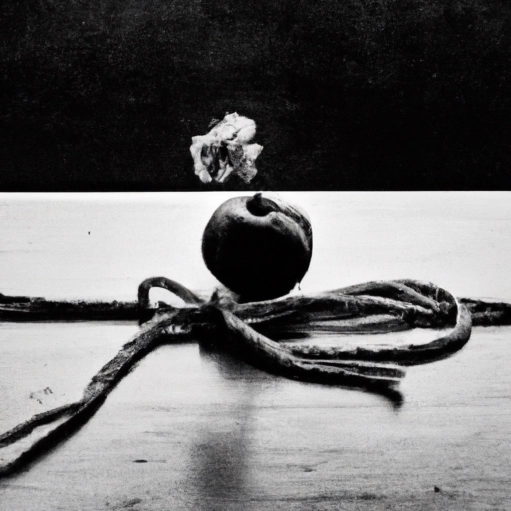 Monochrome still life with a dark spherical fruit resting on intertwined organic stems and a separate pale form above.
