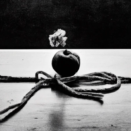 Monochrome still life with a dark spherical fruit resting on intertwined organic stems and a separate pale form above.