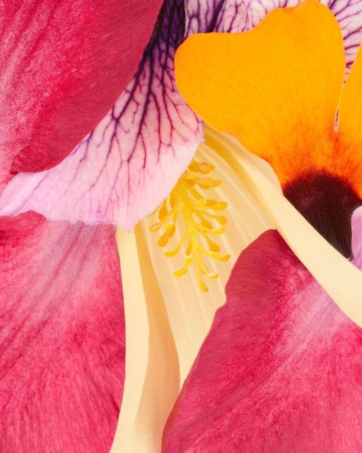 Macro photograph showcasing a vibrant floral composition with layered petals in shades of pink, purple, yellow, and cream. 
