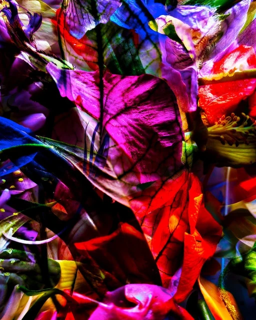 Vibrant abstract floral art featuring overlapping leaves in shades of pink, purple, red, blue, and green, creating an immersive visual experience.