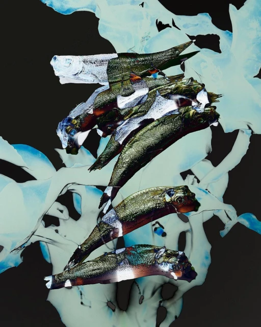Abstract composition with multiple fish overlaid and arranged in a stack on a mottled blue-white and black background, digital art.